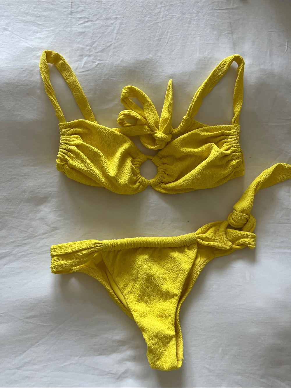 Yellow Textured Tie-Detail Bikini Set
